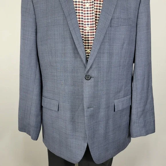 Egara Men's Sport Coat Blazer Two Button Navy Blue Plaid Wool Polyester Slim 50L
